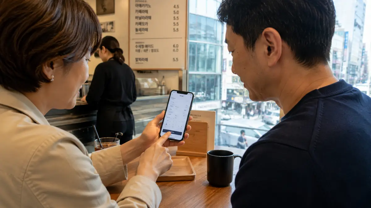 スマホで韓国の飲食店を予約する日本人夫婦