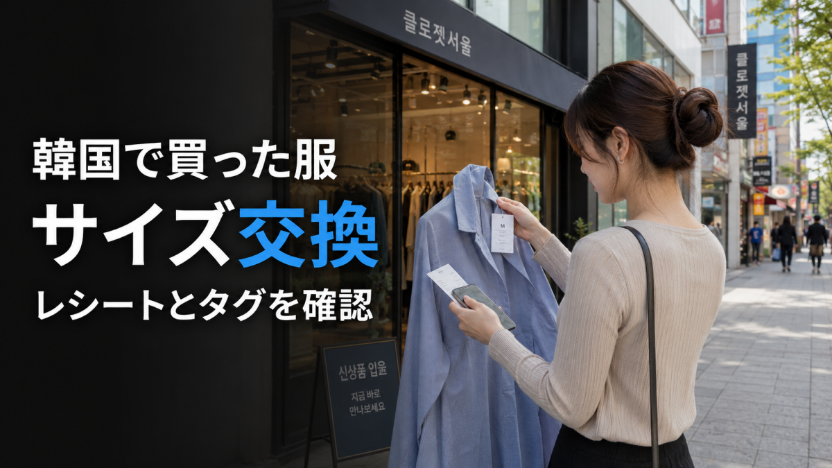 韓国で服のサイズ交換を確認する旅行者
