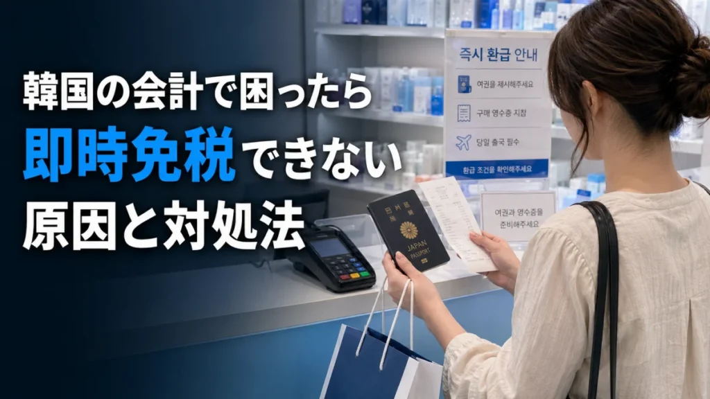 韓国の店で即時免税を確認する旅行者