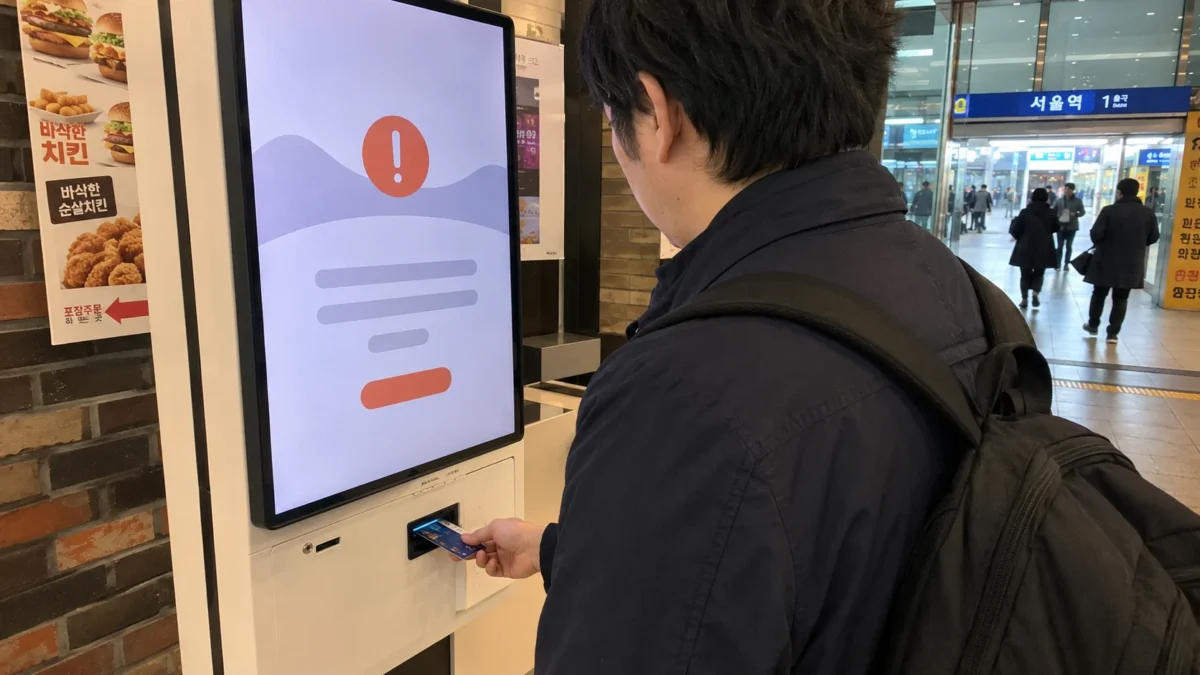 韓国の注文キオスクでICカードを差し込む旅行者