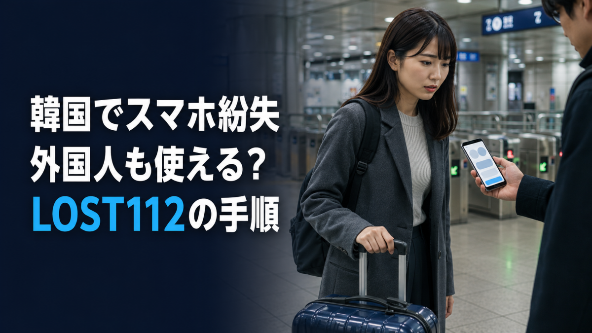 韓国の地下鉄駅でスマホの紛失に気づき、同行者の端末で情報を確認する日本人旅行者