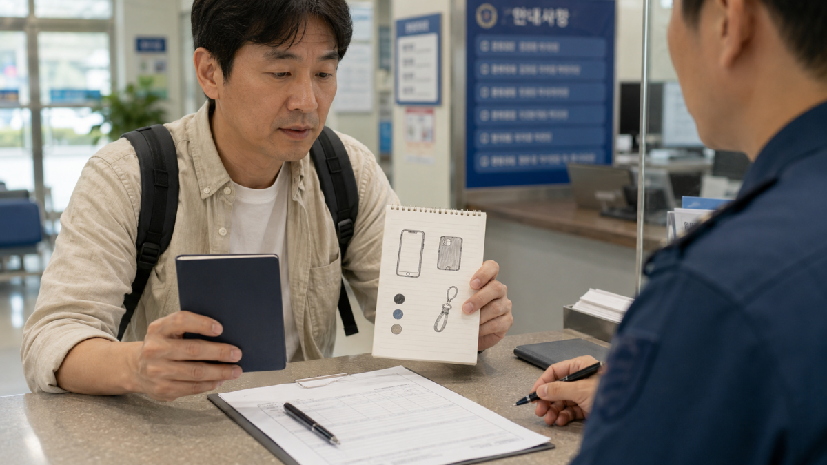 韓国の警察施設でスマホの紛失届を提出する日本人旅行者