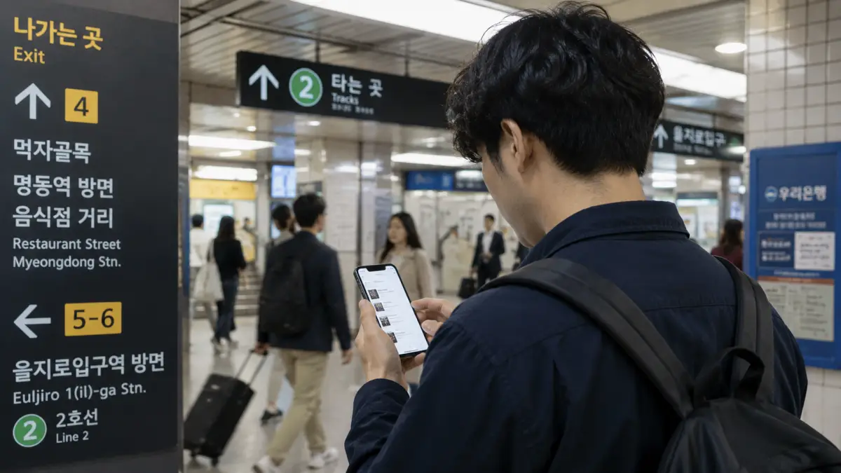 韓国の駅前で飲食店予約を調べる男性旅行者