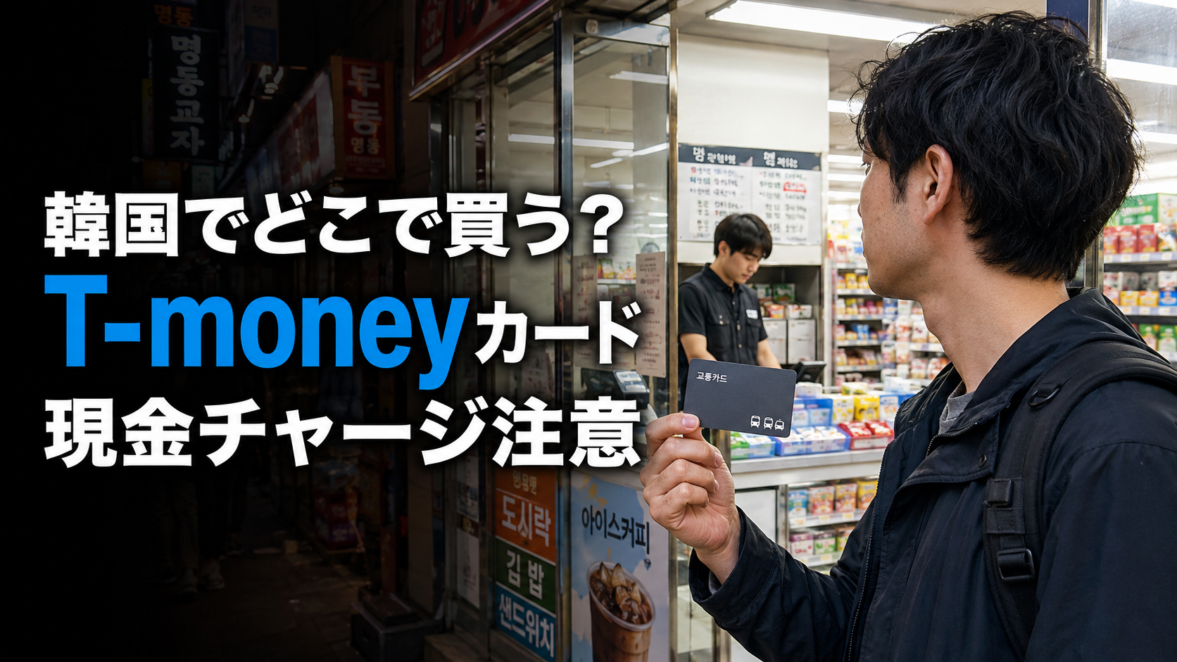 韓国のコンビニでT-moneyを買う旅行者