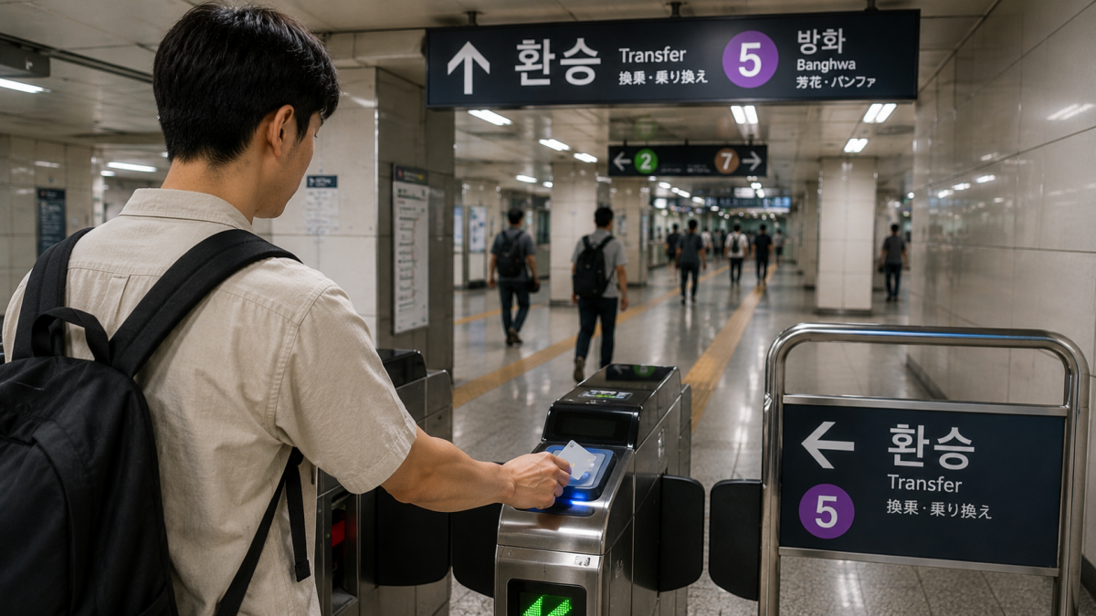 ソウル地下鉄の乗換ゲートで交通カードをタッチする旅行者