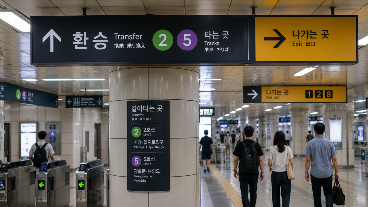 ソウル地下鉄駅に表示された환승と나가는 곳の案内標識