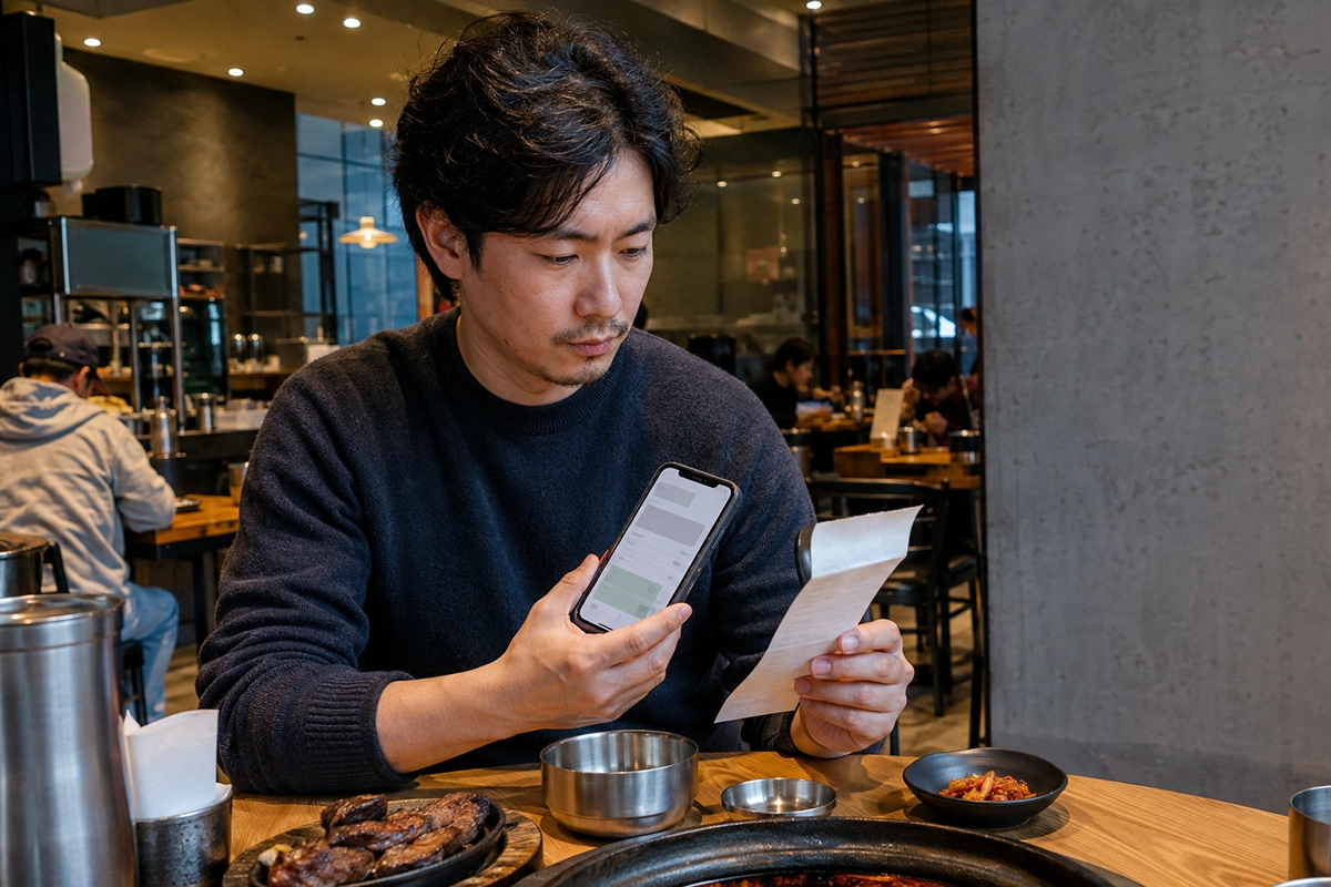 韓国の飲食店で予約と決済状況を確認する旅行者