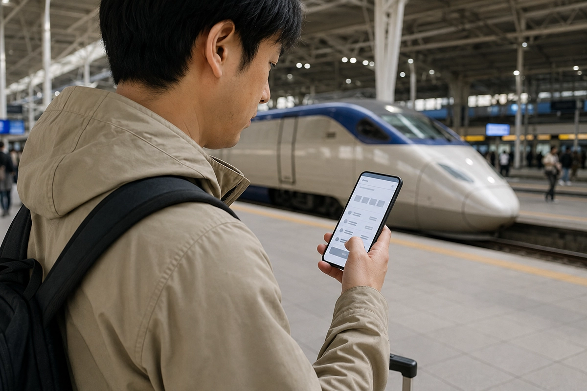 韓国の鉄道駅で高速列車の予約をスマホで確認する旅行者