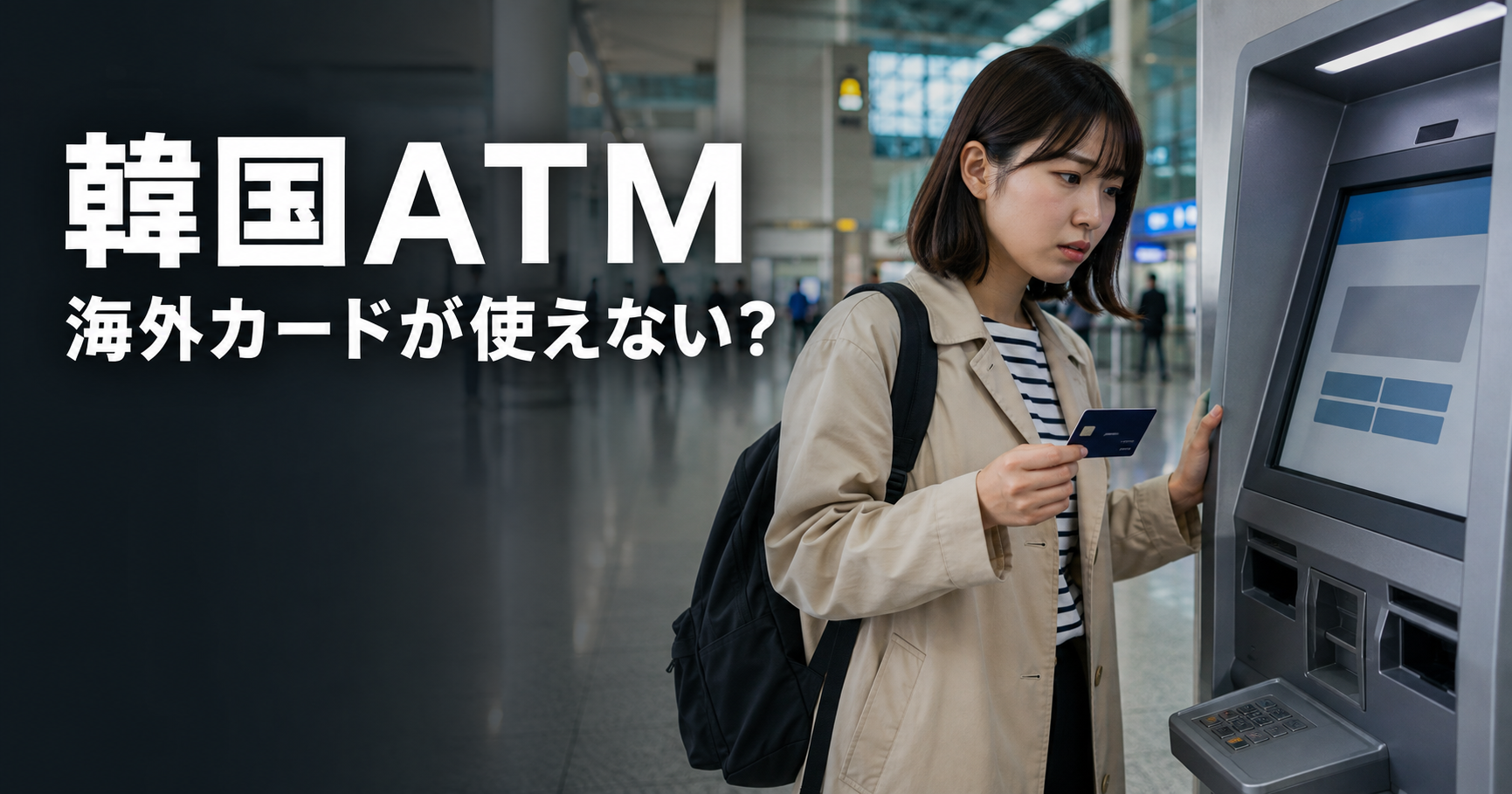 韓国のATMで海外カードを確認する旅行者