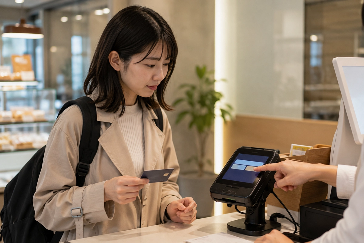 韓国のレジでカード決済端末を確認する旅行者