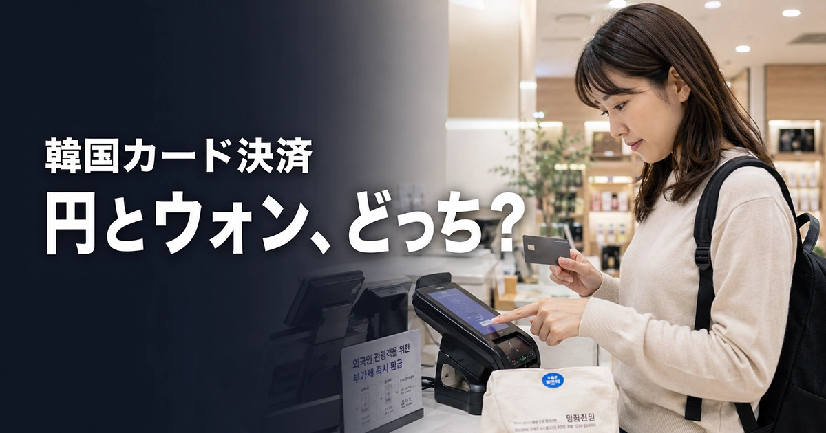韓国の店舗でカード決済の通貨選択を確認する旅行者