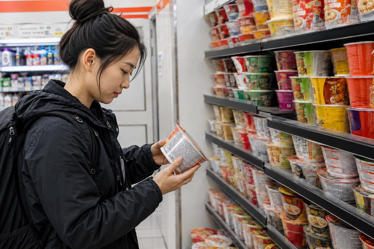 韓国のカップ麺の原材料表示を確認する旅行者