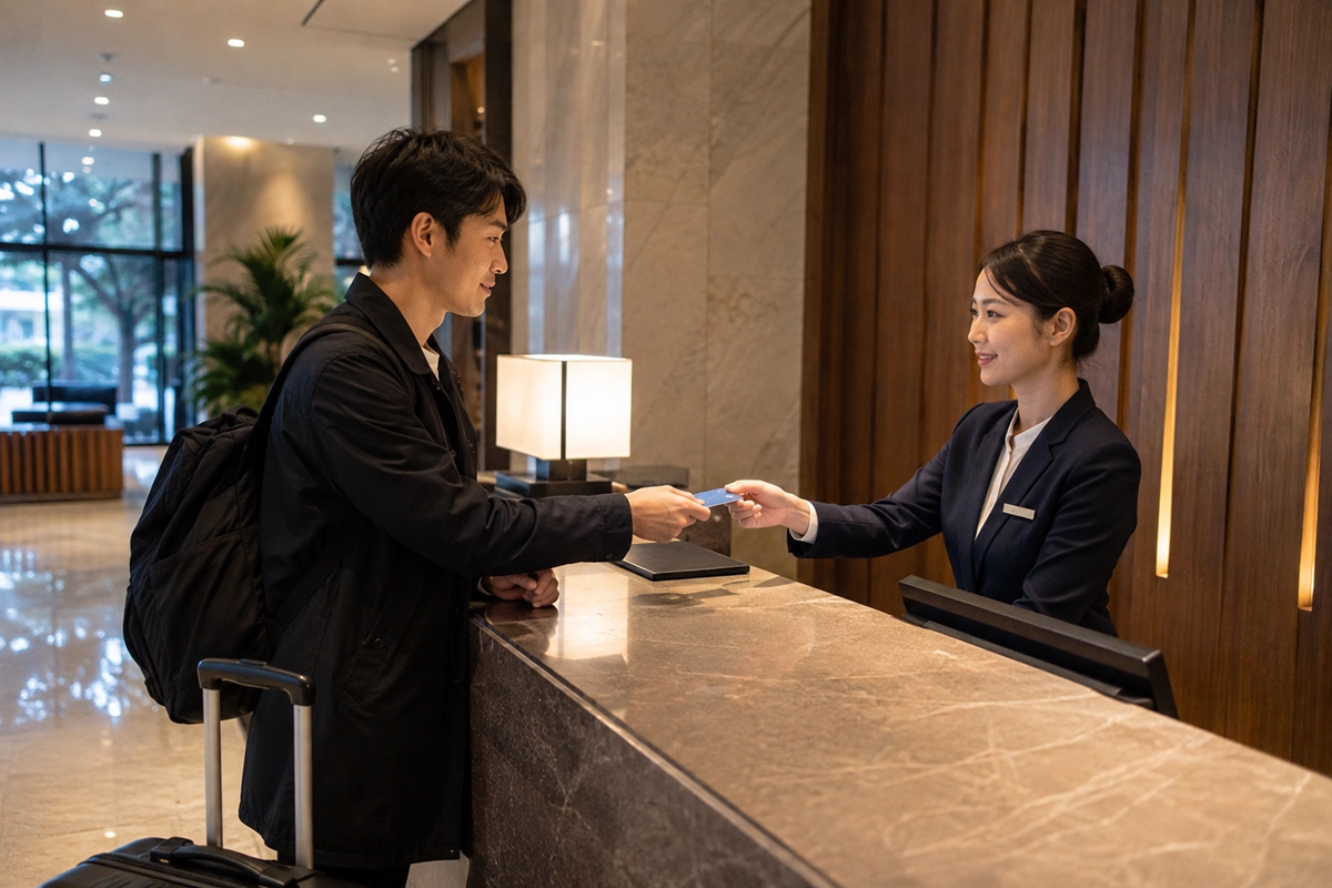 韓国ホテルの受付でデビットカードを提示する旅行者