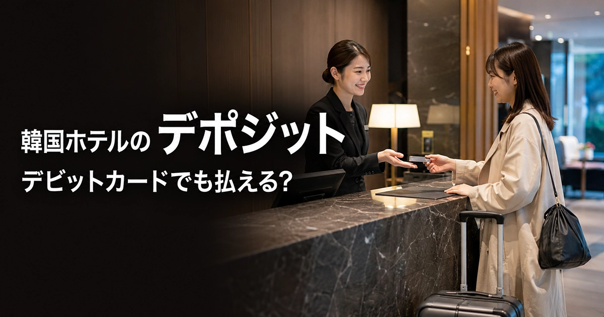 韓国ホテルのフロントでカードを提示する旅行者