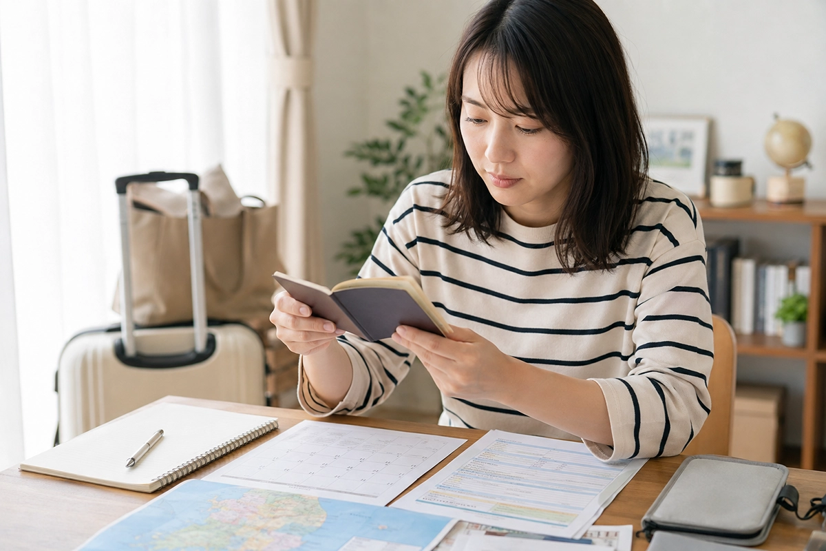 出発前にパスポートの有効期限と旅行日程を確認する様子