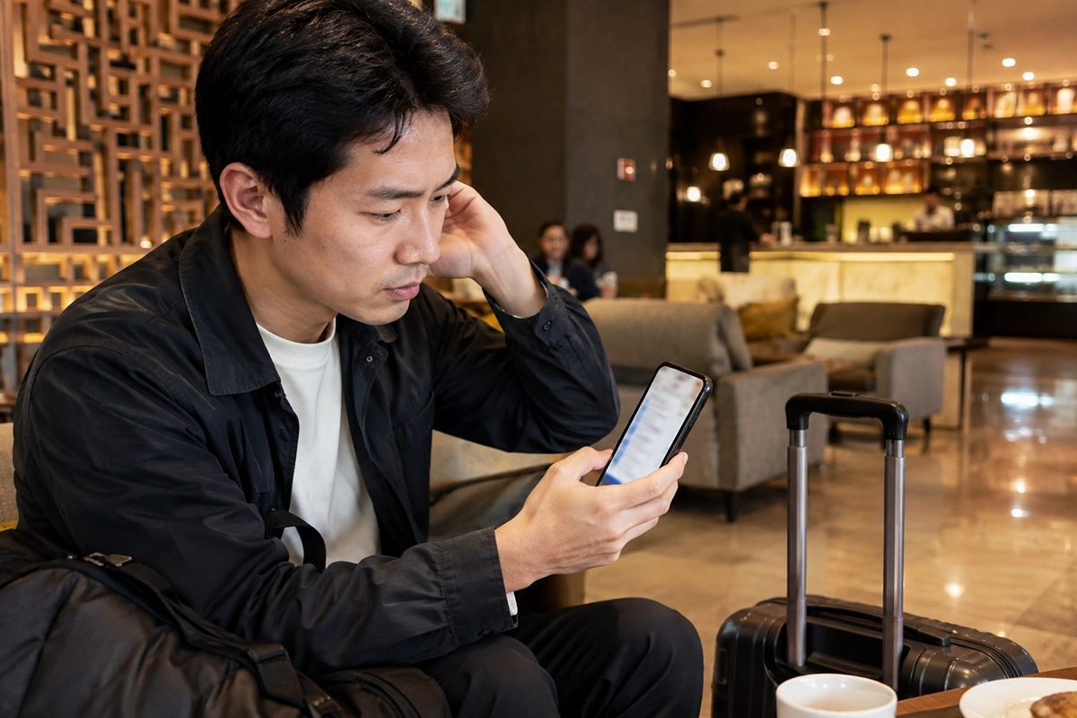 韓国滞在中にスマホのWi-FiとeSIM設定を確認する旅行者
