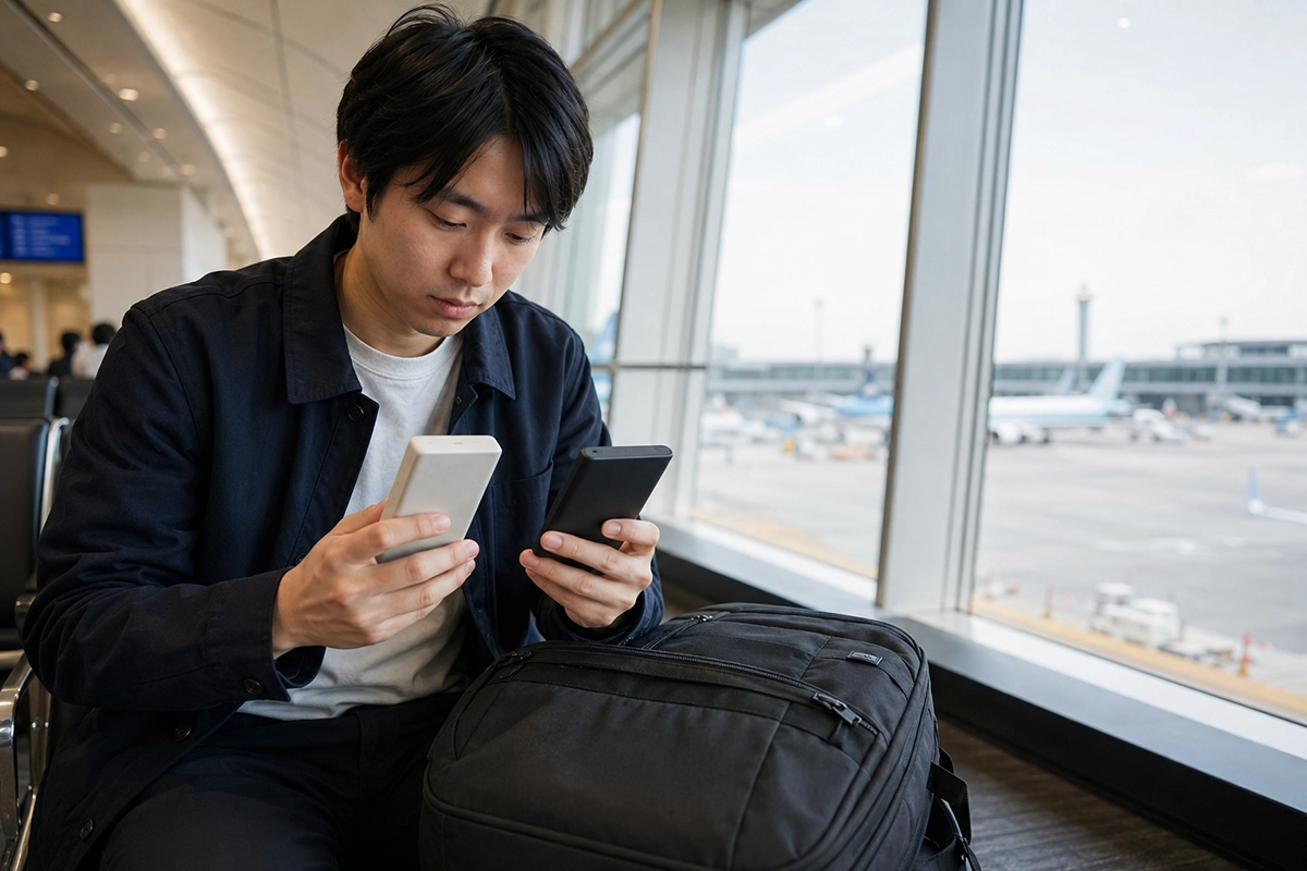 空港で2個のモバイルバッテリーを確認する旅行者