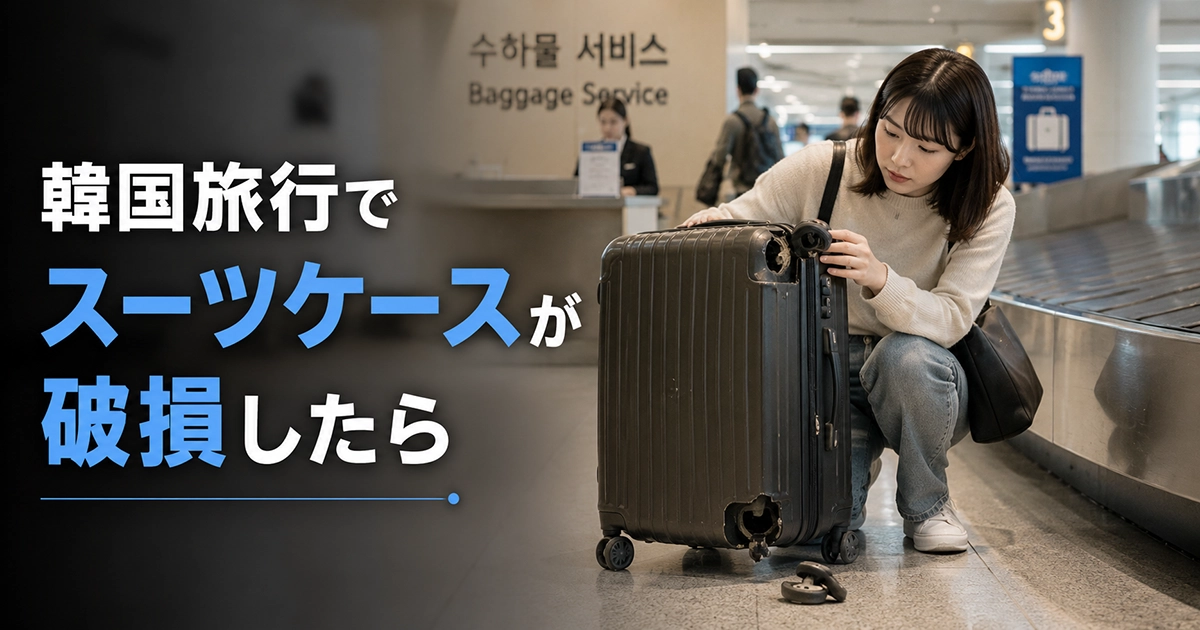 韓国の空港で破損したスーツケースを確認する旅行者