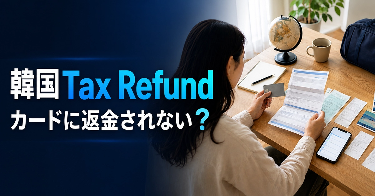 Tax Refund伝票とカード明細を確認する韓国旅行者