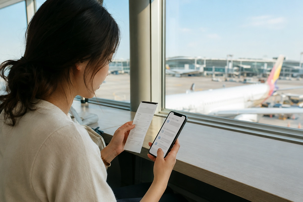 韓国の空港でTax Refund伝票と申請状況を確認する旅行者
