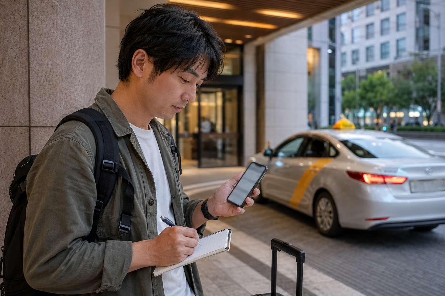 タクシー利用後にスマホの決済履歴と乗車時刻を確認する旅行者