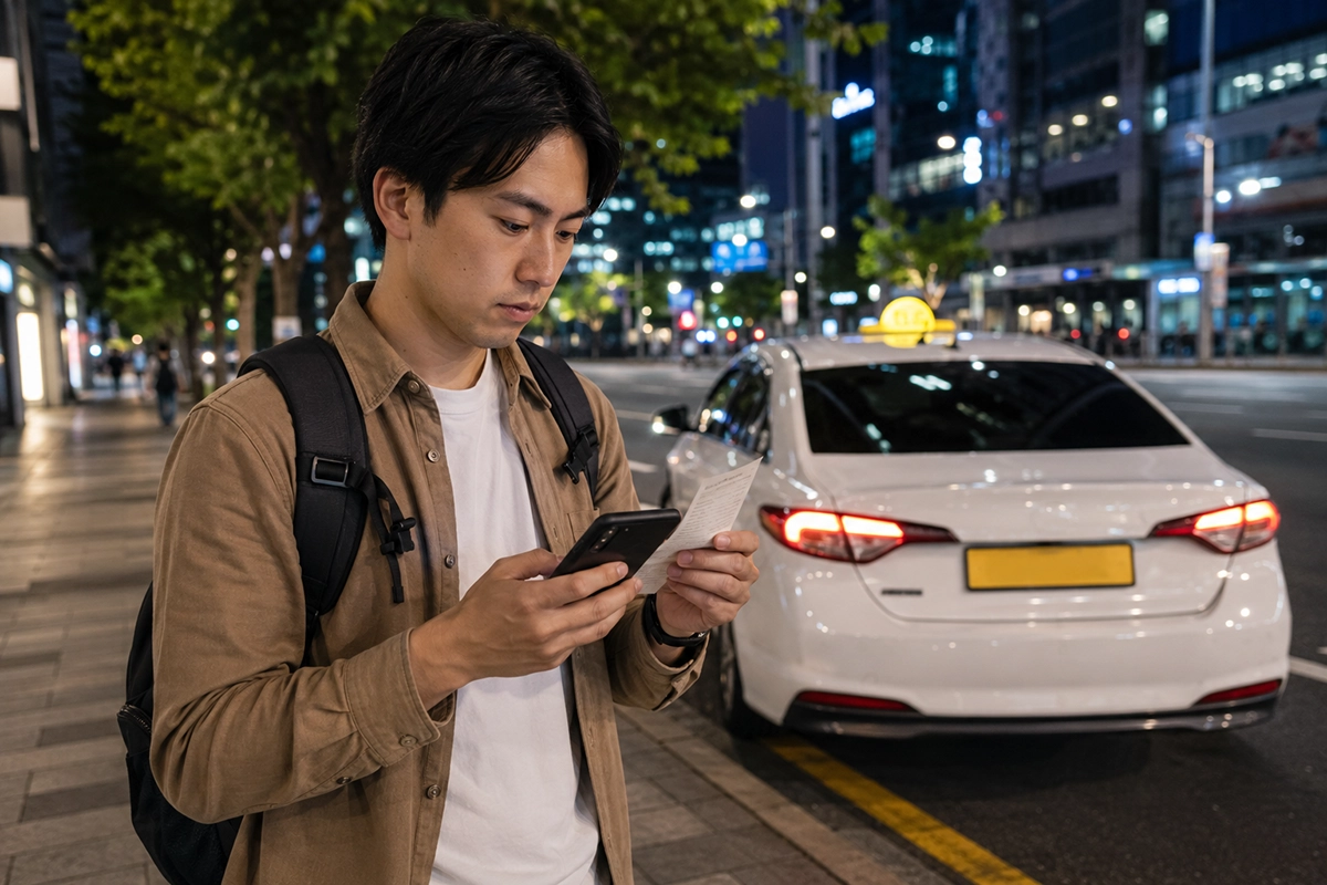 タクシー降車後に領収書と決済履歴を確認する旅行者