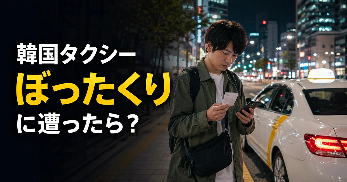ソウルのタクシー降車後に領収書を確認する旅行者