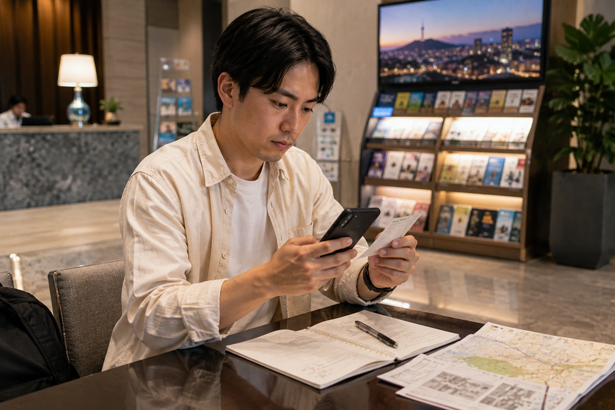 ホテルでタクシー苦情の連絡先を確認する旅行者