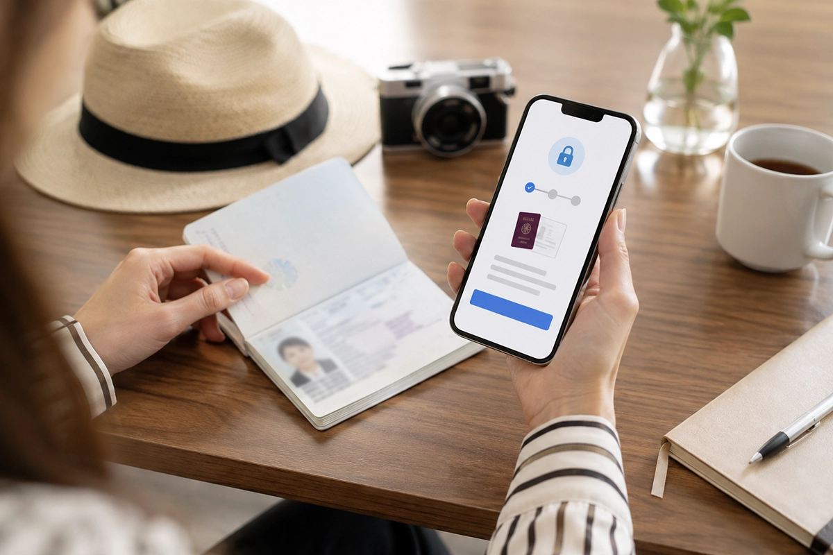 スマホとパスポートを使って本人確認を準備する旅行者
