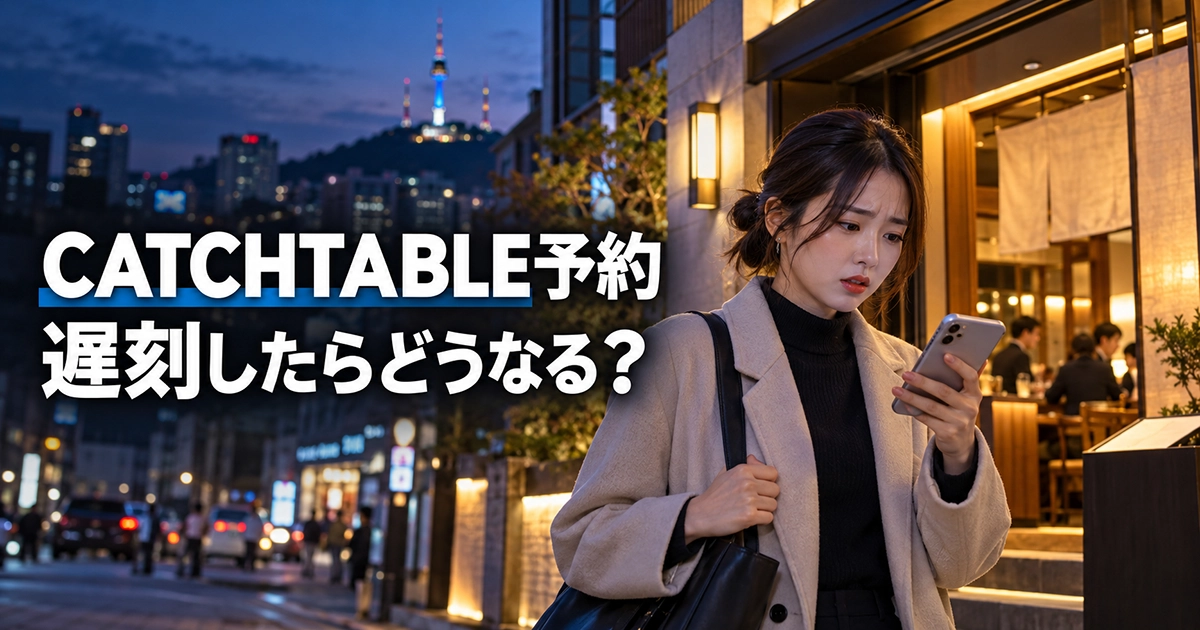韓国の飲食店前で予約時刻を確認する旅行者