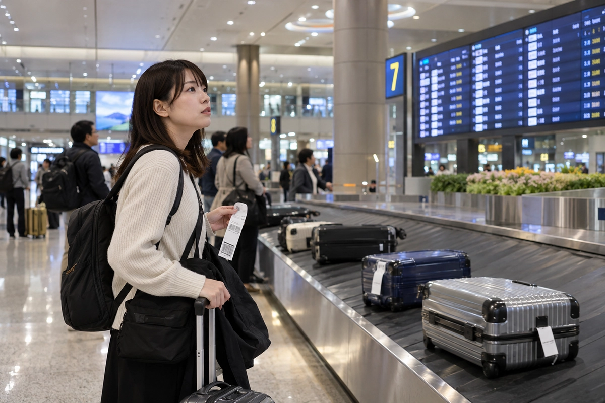 仁川空港で手荷物タグを確認しながら荷物を待つ旅行者