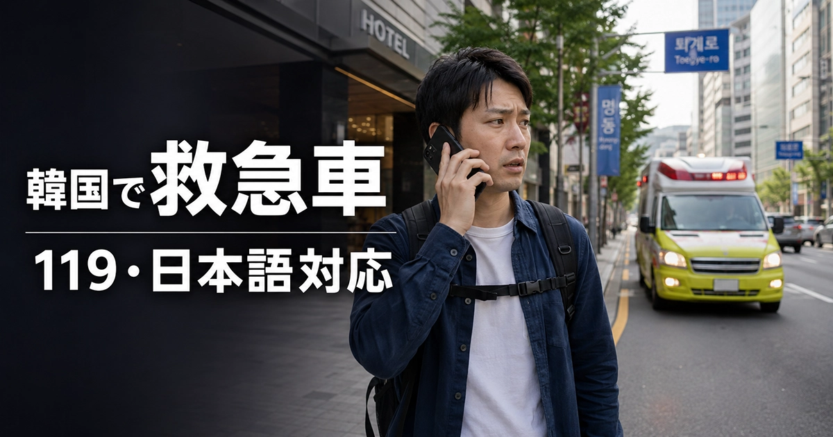 韓国のホテル前で救急車を待ちながら通話する旅行者