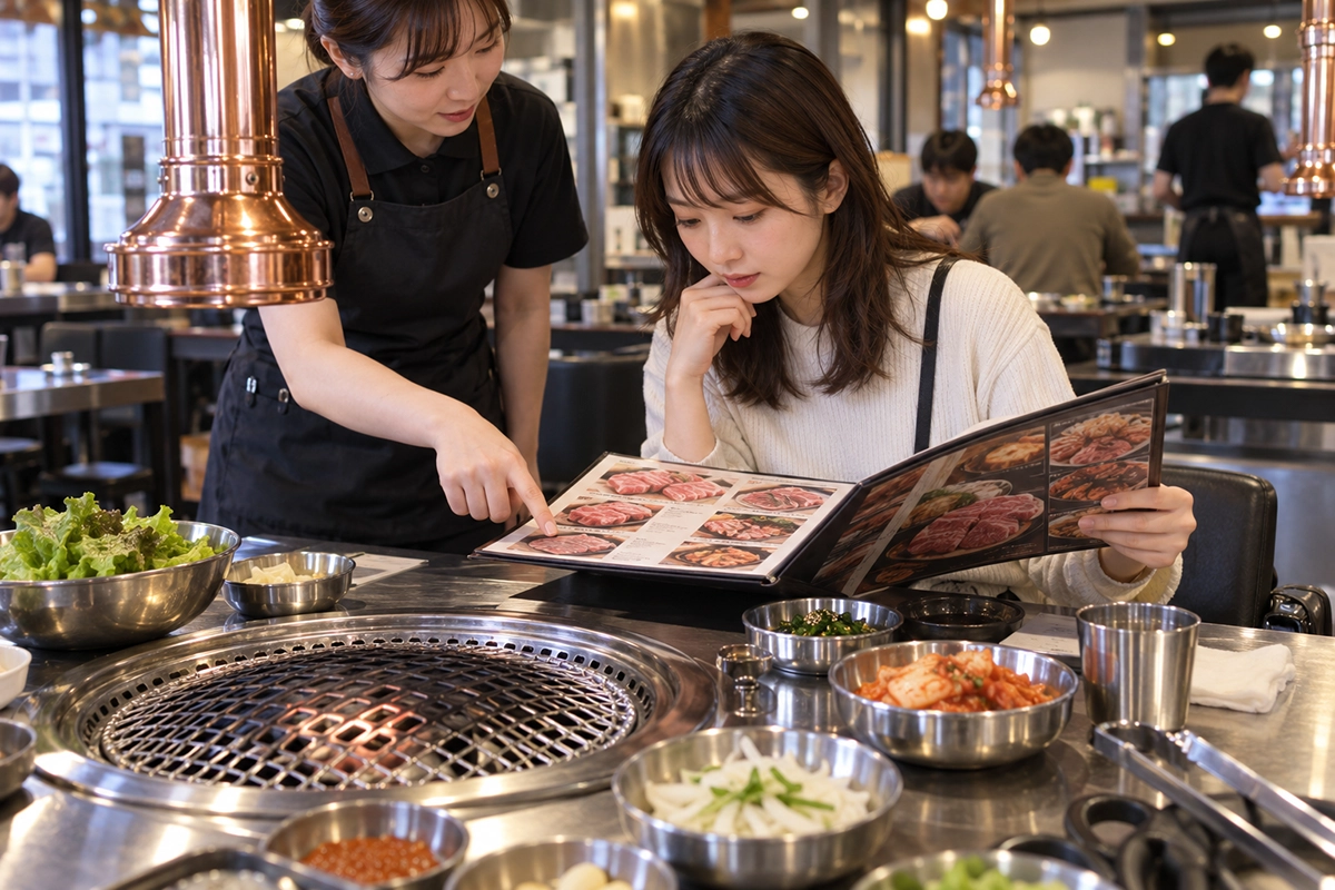韓国の焼肉店で注文前にメニューを確認する旅行者