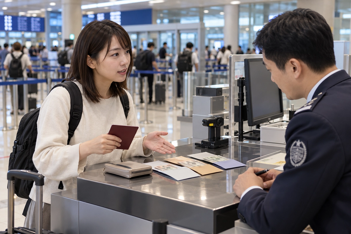 韓国の空港税関で外貨申告をする旅行者