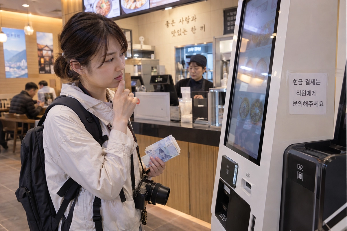 韓国の無人端末で現金払いの方法を確認する旅行者