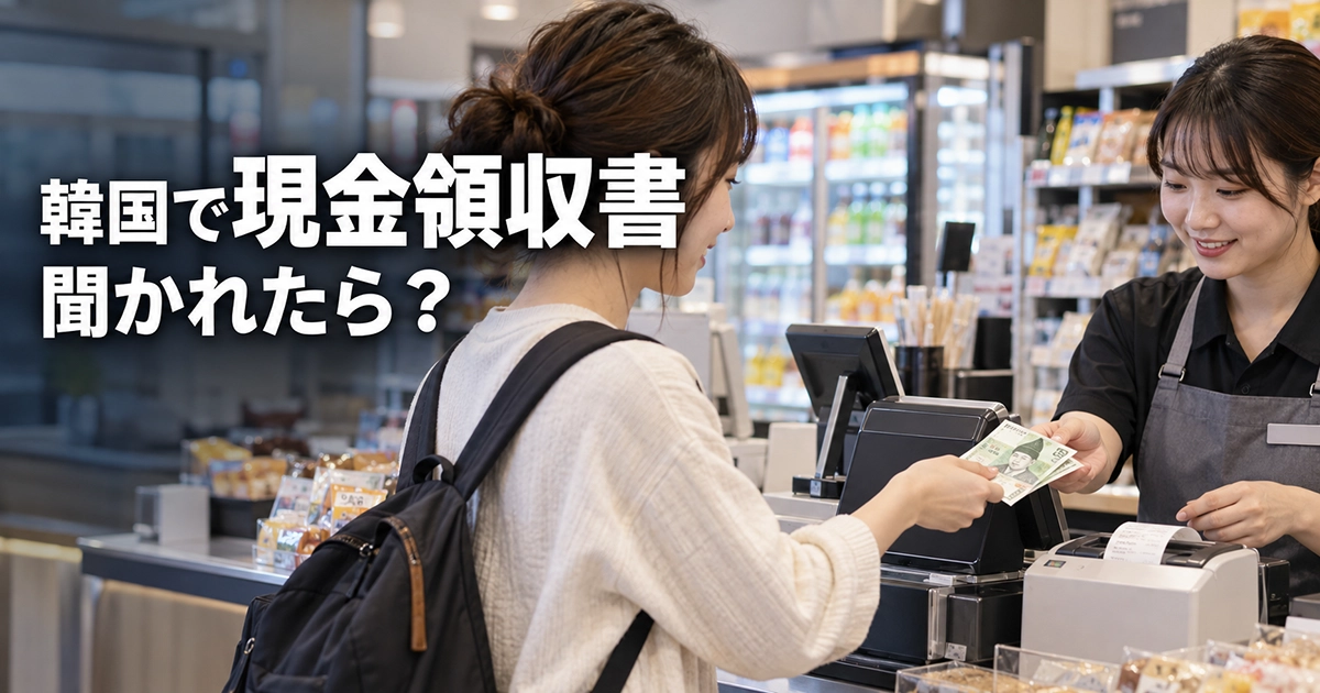 韓国のレジで現金払いをする旅行者と店員