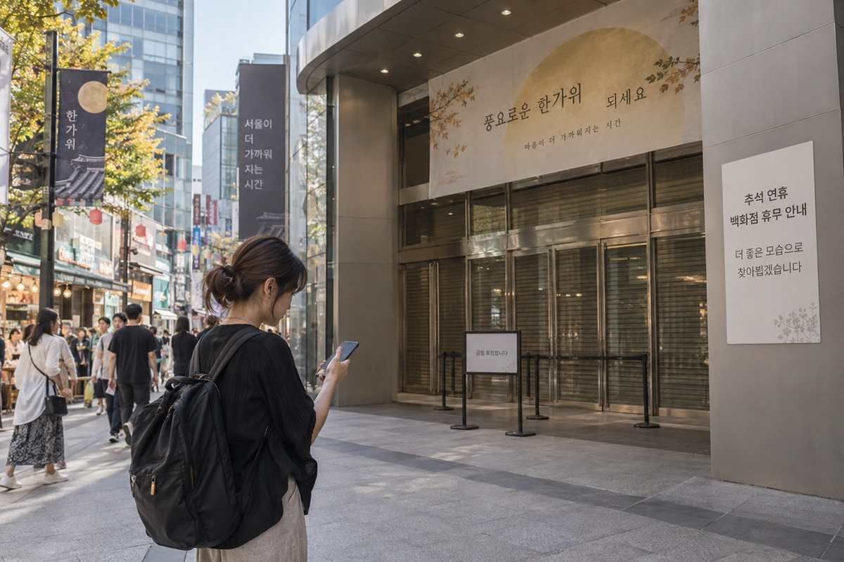 秋夕のソウルで百貨店周辺の営業状況を見る旅行者