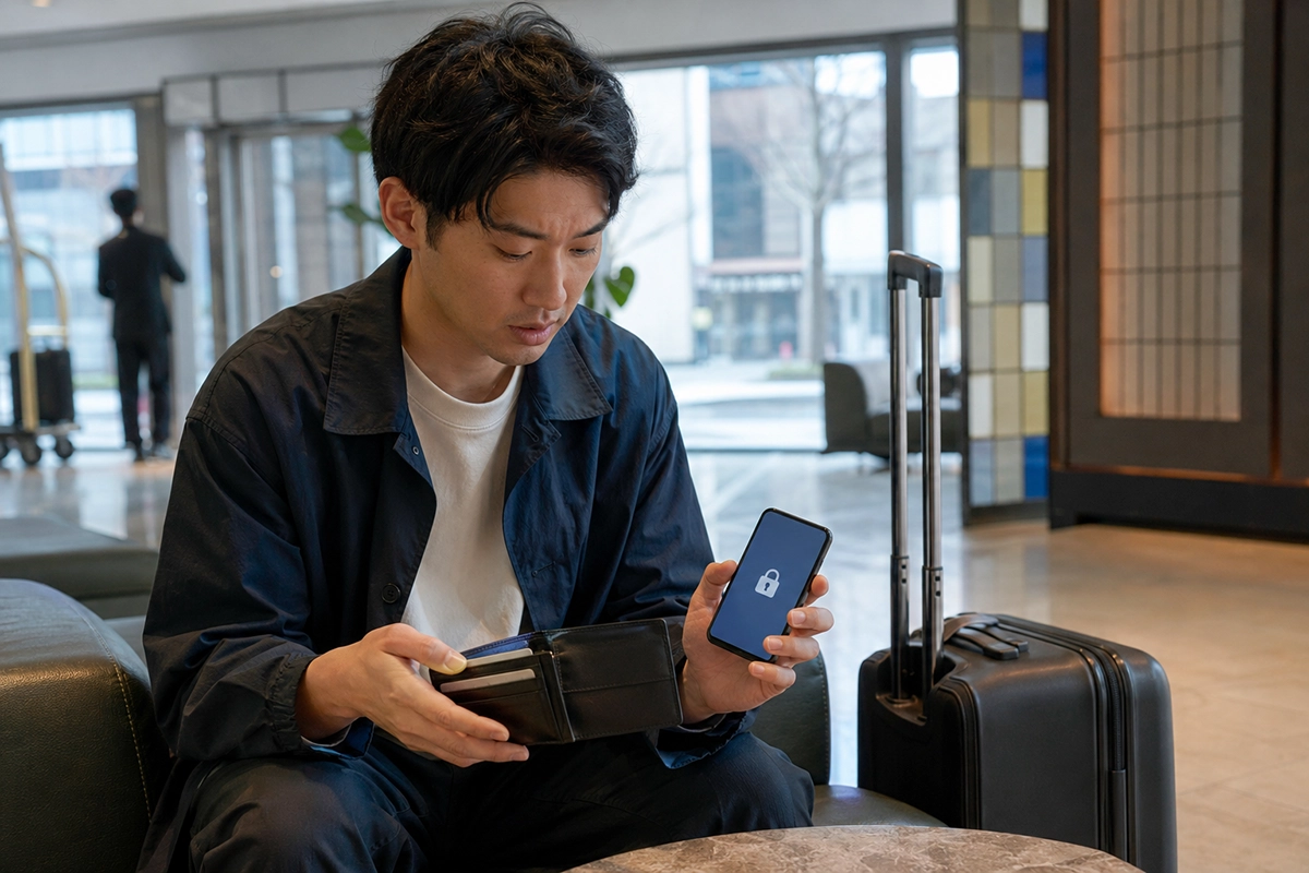 韓国滞在中に財布とスマートフォンを確認する旅行者