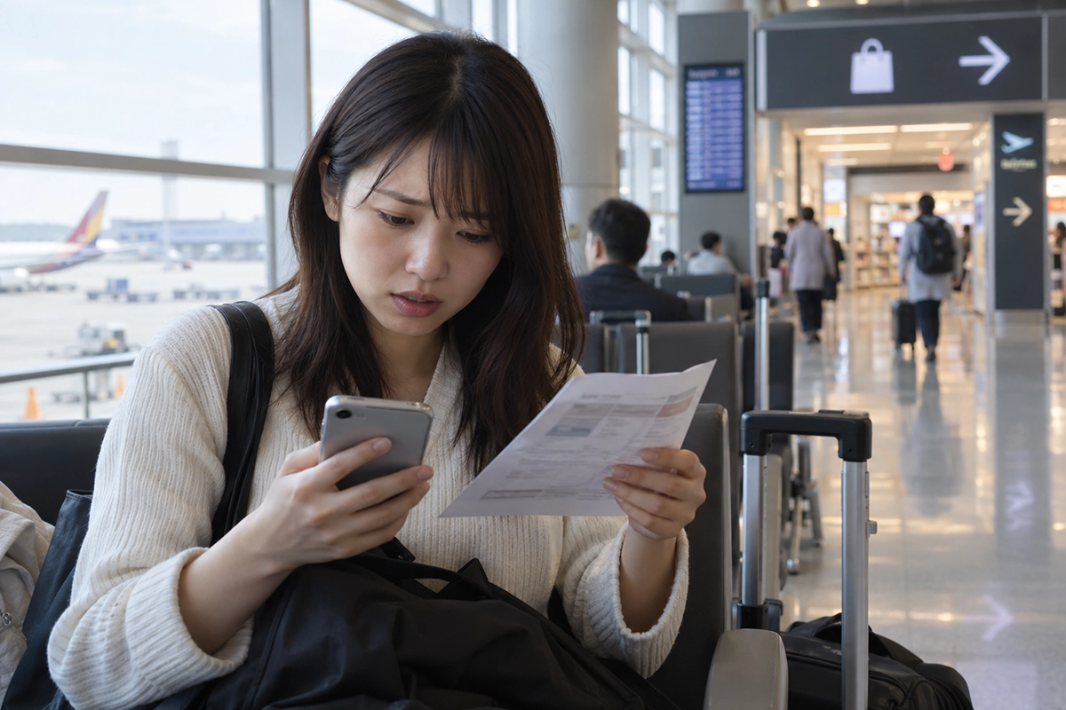 空港で免税品の注文情報を確認する旅行者