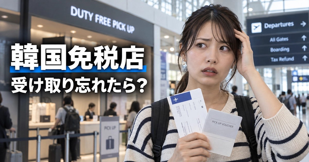 韓国の空港で免税品の受け取りを確認する旅行者