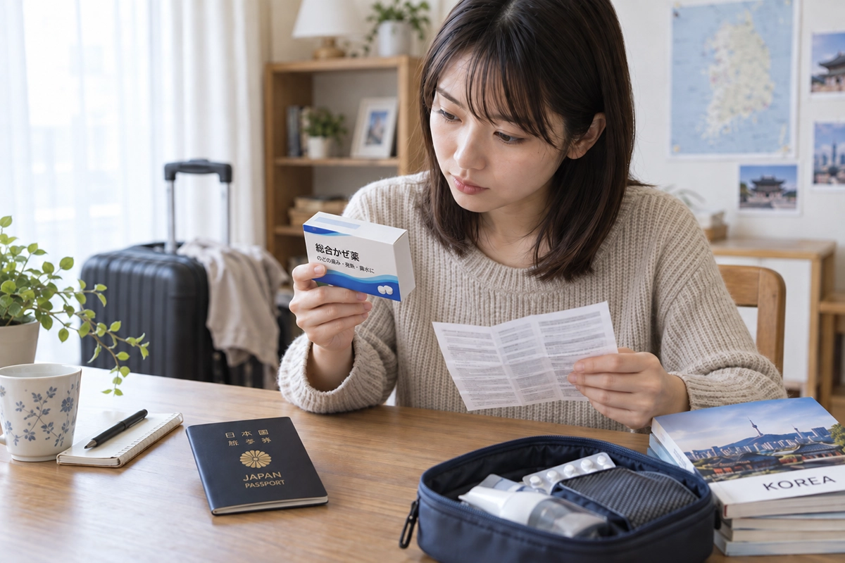 韓国旅行前に市販薬の成分表を確認する様子
