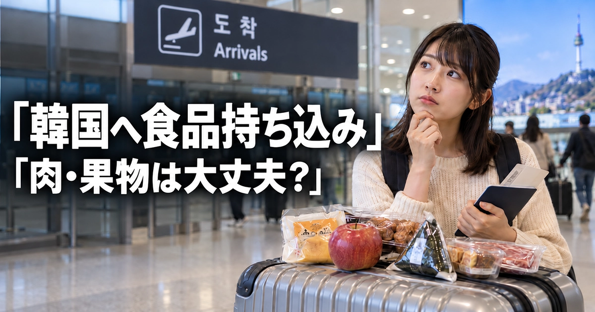 韓国の空港で持参した食品を確認する旅行者