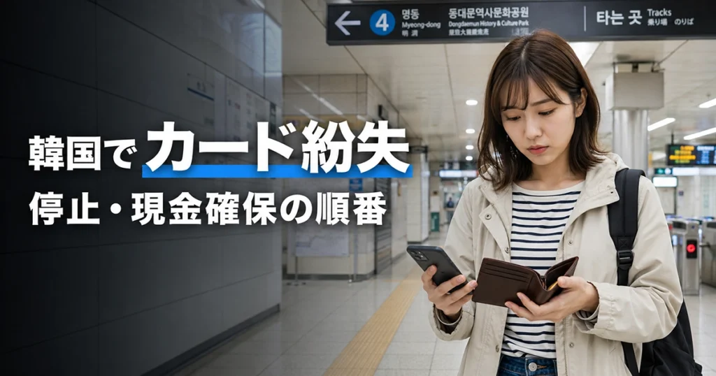 韓国の地下鉄駅でカードがない財布を確認する旅行者
