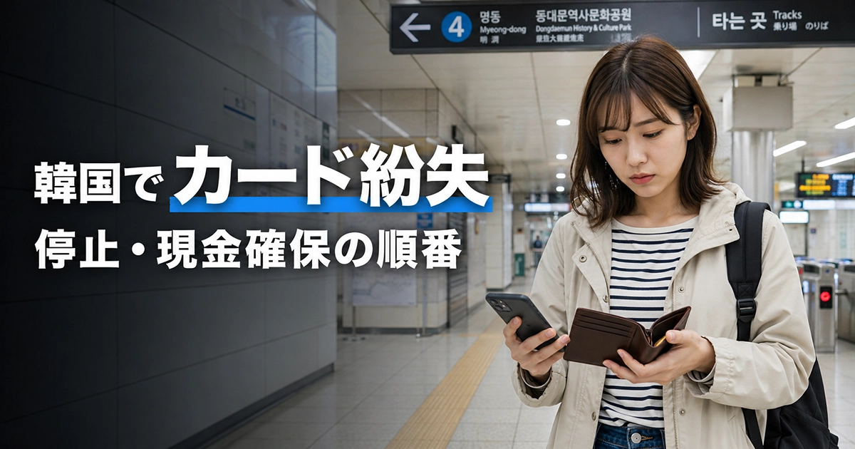 韓国の地下鉄駅でカードがない財布を確認する旅行者