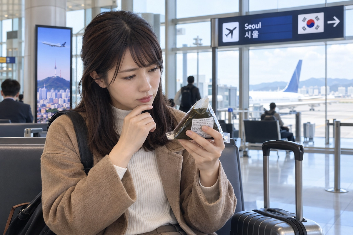 空港でおにぎりの原材料を確認する旅行者
