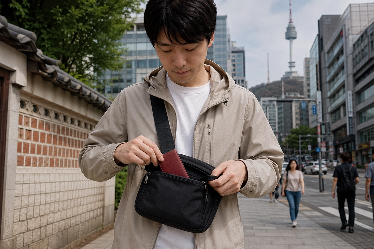 パスポートをファスナー付きバッグに収納する旅行者