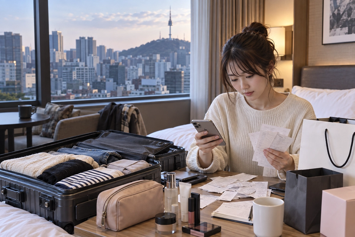 帰国前に韓国で買った商品のレシートを確認する旅行者