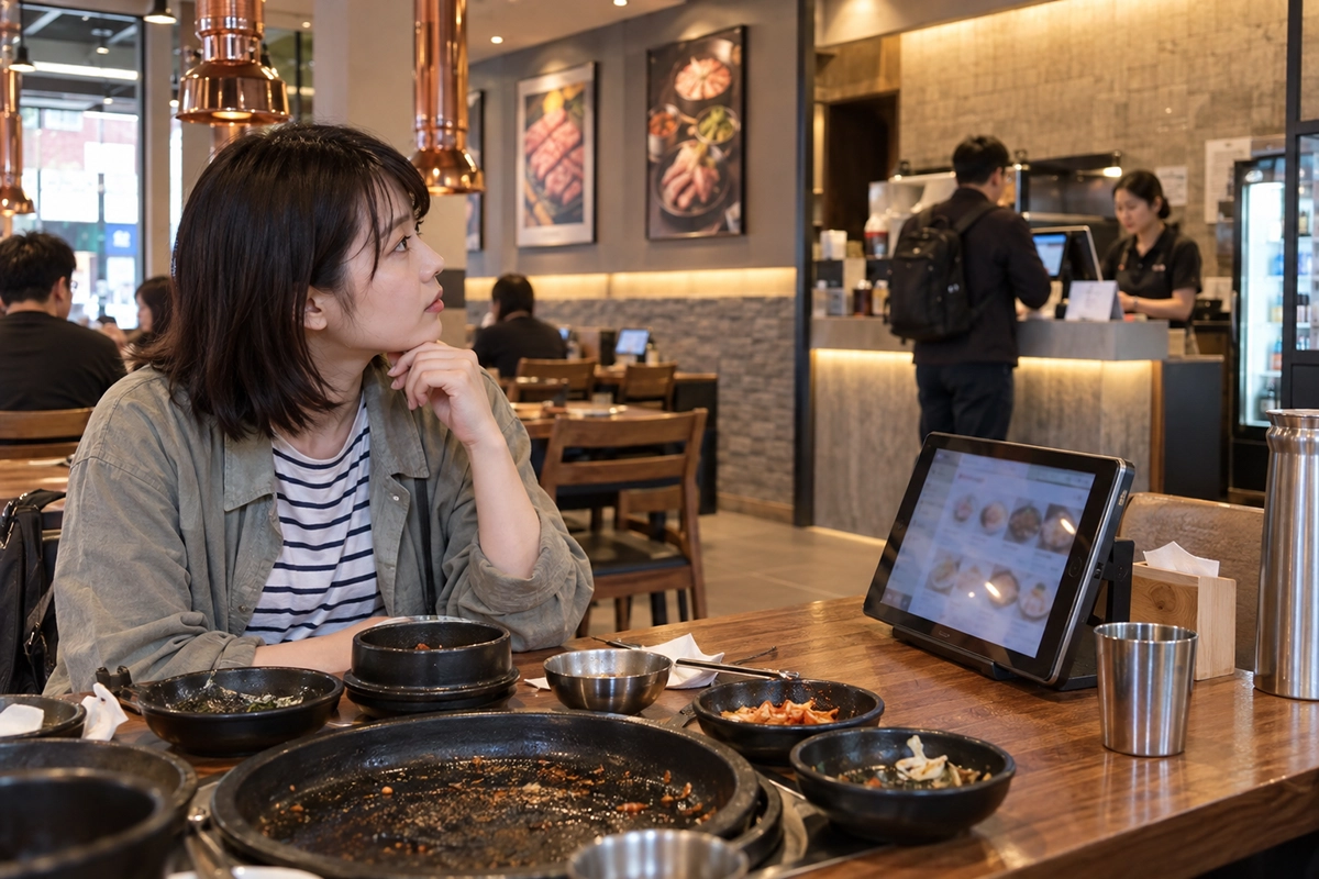 韓国の飲食店でタブレットと会計場所を確認する旅行者