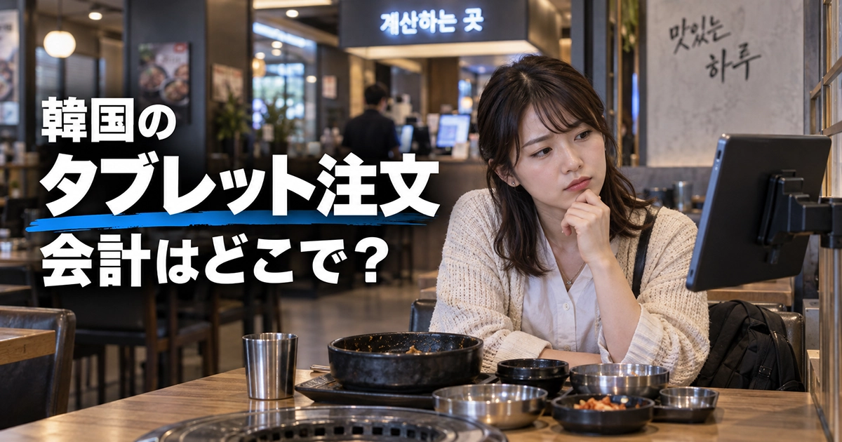 韓国の飲食店で注文用タブレットを確認する旅行者