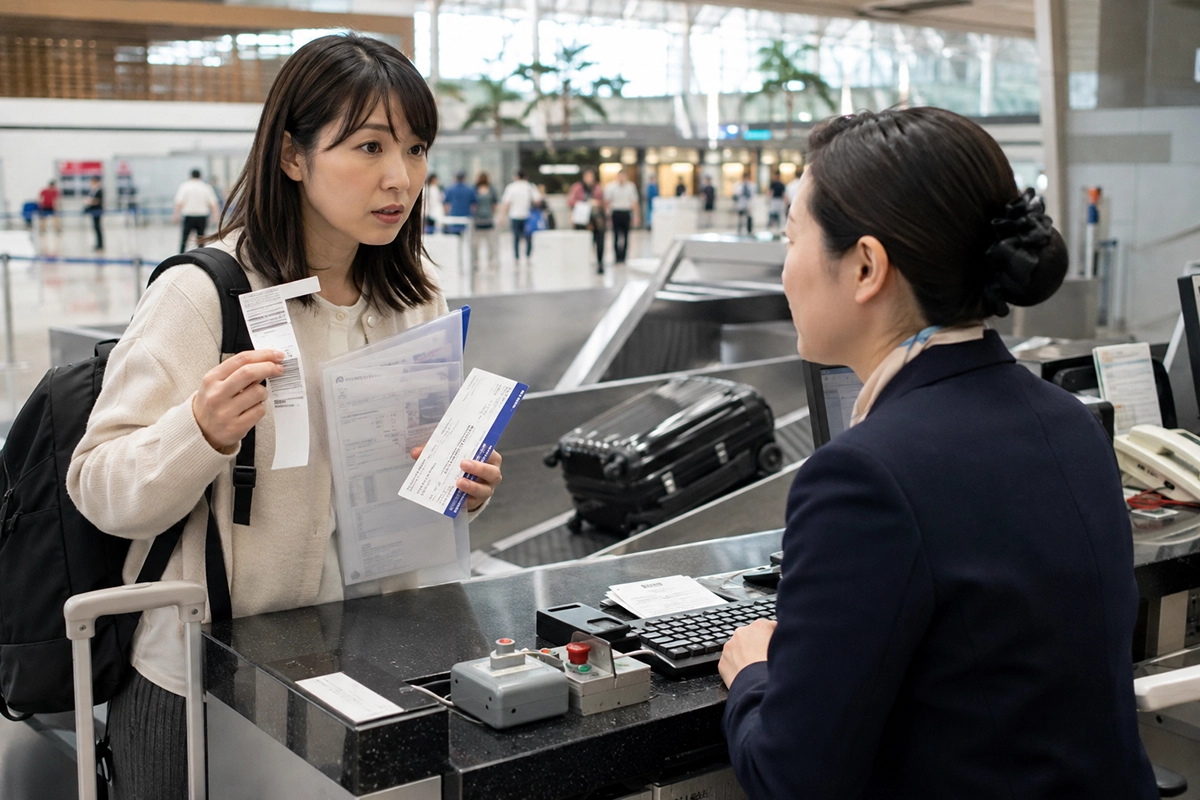 空港カウンターで預けた荷物について相談する旅行者